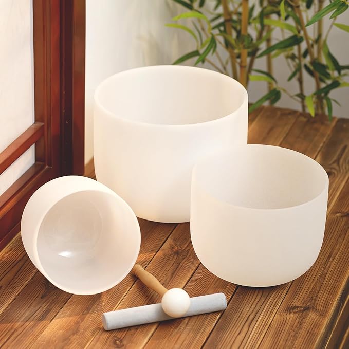 KVKA Set of 3pcs Chakra Frosted Quartz Crystal Singing Bowl 6-10 inch with case （10''F 8''G 6''B)