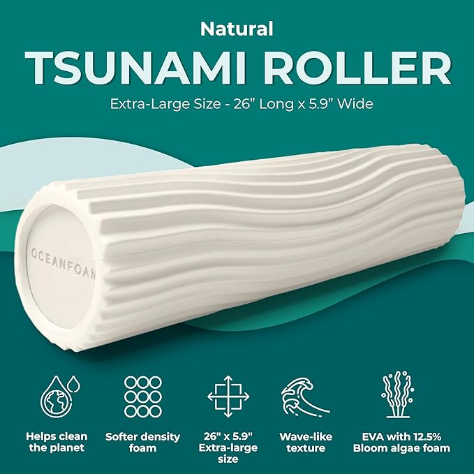 Oceanfoam Tsunami Roller (Natural) - Extra-Large, 26" x 5.9" - Soft, Textured Foam Roller for Physical Therapy, Back Pain, Exercise & Stretching - Wave Textured - Yoga, Athletics, & Wellness - Bloomnest