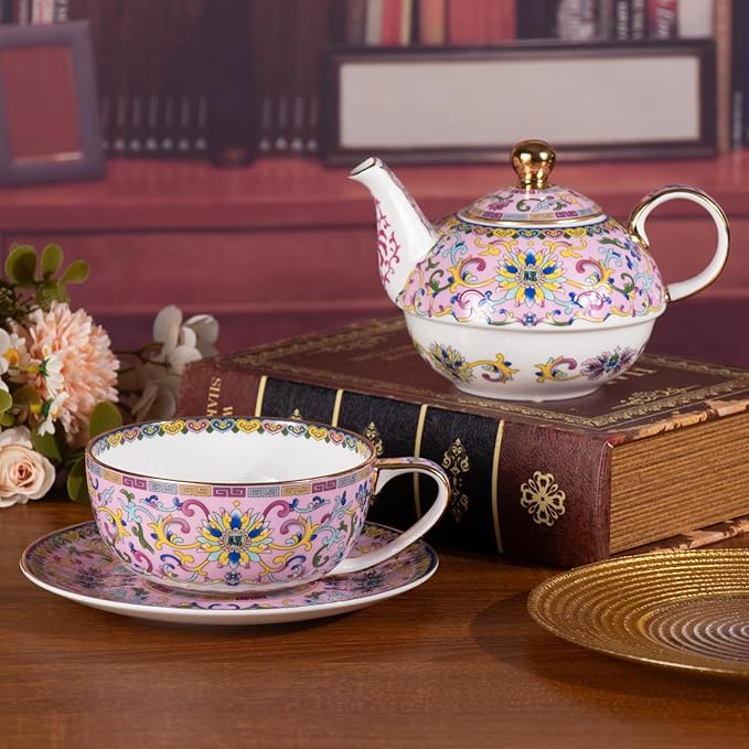 Tea for One, Porcelain Teapot and Cup Set, Vintage Tea Pot and Saucers Set, Ceramic Tea Set for Tea Party, Office and Home, Pink Tea Cups and Saucer Set for Coffee, Cappuccino, Tea - Bloomnest