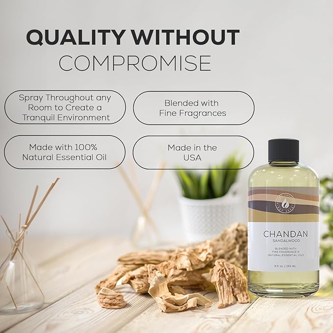 Aroma Country Chandan Diffuser Oil - Luxury Essential Oils for Diffuser Refill & Air Freshener Room Spray - Long-Lasting & Natural Home Fragrance, Sandalwood Scented Oil for Diffusers (8.5 Fl. oz) AromaCountry