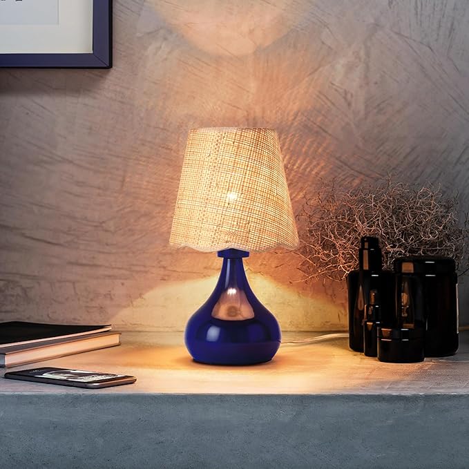 Navy Blue Small Table Lamp, Mini Bedroom Lamps for Bedside Nightstand, Rattan Shade Small Table Lamps for Small Spaces for Kitchen Counter, Bookshelf, Home Office, Living Room, Dorm - Bloomnest