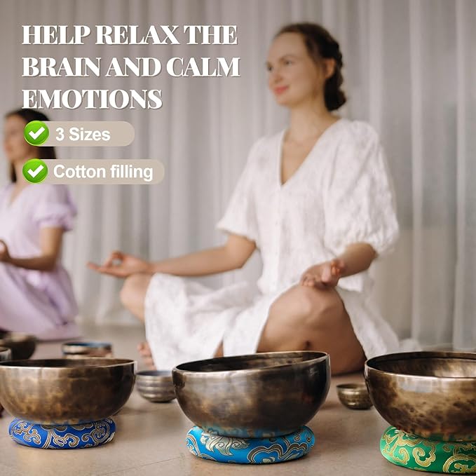 6 Pcs Singing Bowl Cushion Set 3 Silk Cloth O Ring with 3 Crystal Singing Bowl Mallet Include Solid and Hollow Stick Wood Handle Rubber Mallet for 7-9 Tibetan Sound Meditation - Bloomnest
