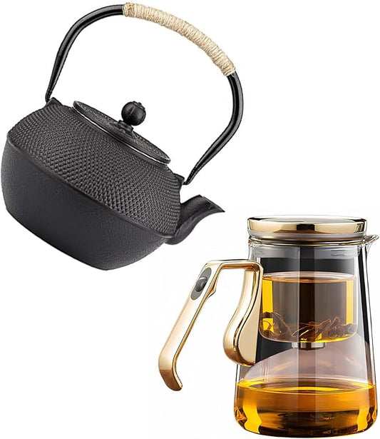 YJX 25.4oz Magnetic Glass Teapot Set with 40.6oz Cast Iron Tea Kettle for Stovetop, Small Enchanted Brewing Tea Pot, Witchcraft Magic Borosilicate Tea Set with Strainer for Loose Leaf