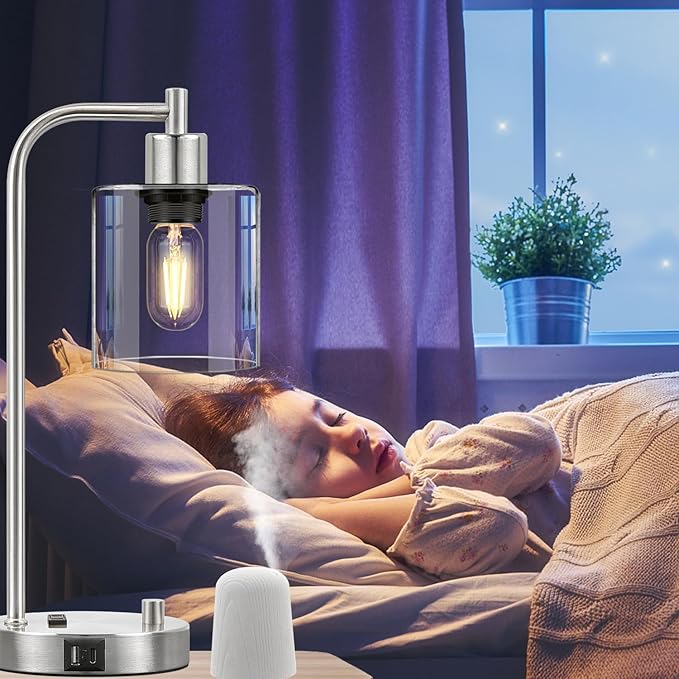 Set of 2 Industrial Table Lamps with USB C+A Ports and Outlet, Brushed Nickle Fully Stepless Dimmable Bedside Lamps, Nightstand Lamp with Clear Glass Shade for Bedroom Living Room 2 LED Bulb Included - Bloomnest