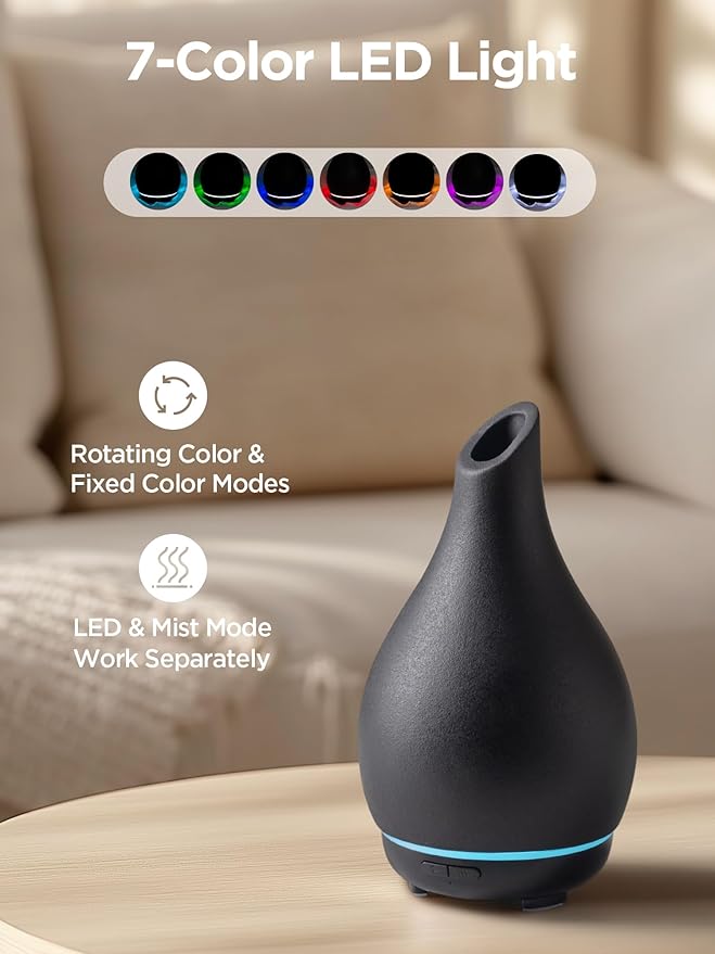 InnoGear Essential Oil Diffuser, 150ml Ceramic Diffuser Handcrafted Stone Aromatherapy Diffusers Ultrasonic Cool Mist Humidifier Vaporizer 2 Mist Modes Waterless for Home, Black Vase-Shaped Ceramic - Bloomnest