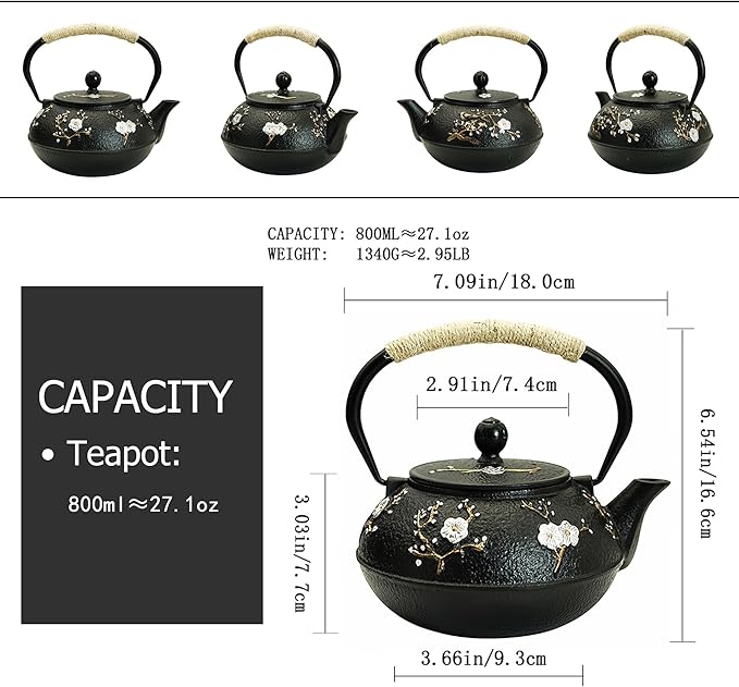 YJX 27oz Small Cast Iron Teapot for Stovetop, Japanese Tetsubin with Enamel, Beautiful Decorative Tea Pot, Durable Tea Kettle with Stainless Steel Infuser for Loose Tea(800ML) - Bloomnest