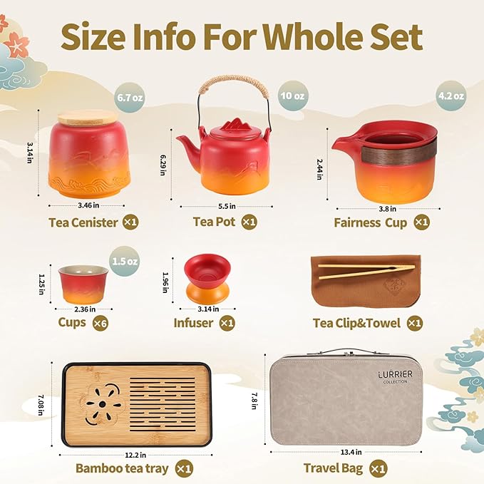 LURRIER Gongfu tea sets, Portable Ceramic TeaSet, Asian Tea sets for adult, Tea Gift sets, Grey leather case, Portable Travel Bag,Home,Gifting,Outdoor and Office(Red and Orange) - Bloomnest