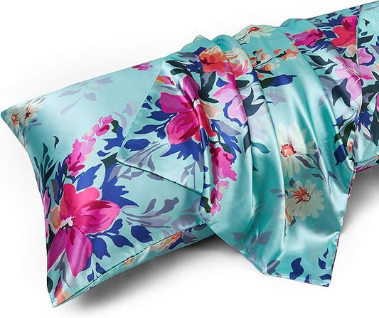MR&HM Satin Body Pillow Cover, Soft and Breathable Body Pillow Case with Envelope Closure, Cooling and Silky Long Pillowcase for Hair and Skin,Grey (20x54, Floral Green) - Bloomnest