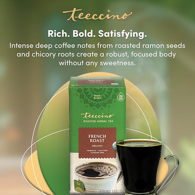 Teeccino French Roast Herbal Tea - Rich & Roasted Herbal Tea That’s Caffeine Free & Prebiotic for Natural Energy, Coffee Alternative, 25 Tea Bags - Bloomnest