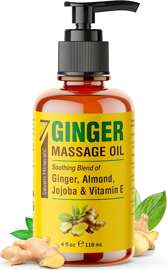 Seven Minerals Ginger Massage Oil for Lymphatic Drainage Massage Therapy - 4 oz - Warming and Ultra Relaxing - Therapeutic Grade Essential Oils Soothes Tired Muscles & Relaxes Mind and Body