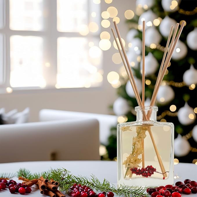 Urban Naturals Holiday Cheer Reed Diffuser Set – Cranberry, Cinnamon, Evergreen, Cedar & Smokey Wood – Made with Essential Oils – Sleek Rectangular Refillable Glass Bottle – Made in the USA UrbanNaturals