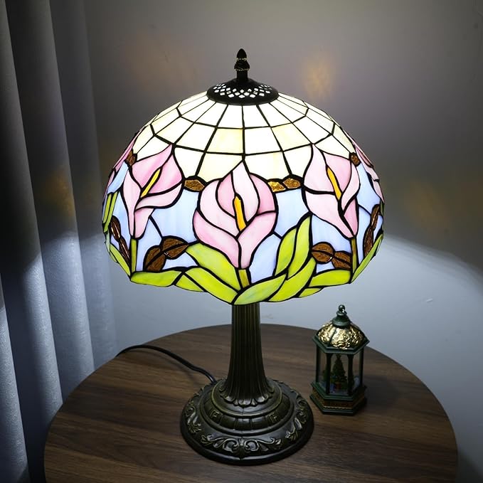 Tiffany Lamp 12 Inch Blue Pink Calla Lily Victorian Stained Glass Table Lamp Antique Bedside Reading Lamp For Bedroom Nightstand Office Light Dorm Room Decor Tiffany Style Retro Home Decoration Gifts - Bloomnest