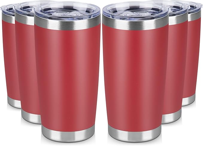 20 oz Tumbler Stainless Steel Tumblers Bulk with Lid Double Wall Insulated Coffee Tumbler Cups for Hot & Cold Drinks Powder Coated Travel Coffee Tumbler Mug Metal (Red, 6 pack)