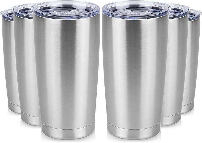 20 oz Tumbler Stainless Steel Tumblers Bulk with Lid Double Wall Insulated Coffee Tumbler Cups for Hot & Cold Drinks Powder Coated Travel Coffee Tumbler Mug Metal (Stainless Steel, 6 pack)