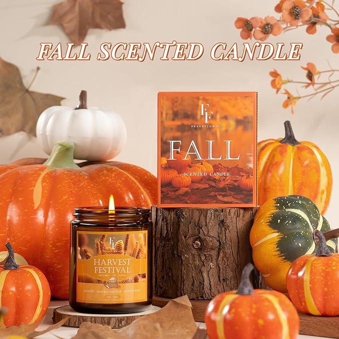 Fall Candle, Harvest Festival Scented Candles for Home, Natural Soy Autumn Candle Aromatherapy Candle, 7 oz Jar Candles Fall Gifts for Women Men - Bloomnest
