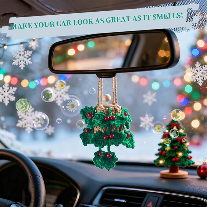 Handmade Crochet Car Air Freshener - Crochet hanging holly plants with 12ml Empty Refillable Oil Diffuser Bottle, Green Car Accessory for Mirror Decor and Home Decor - Bloomnest