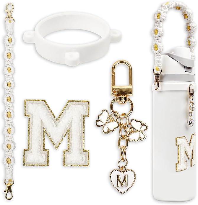 Compatible with Owala Water Bottle Accessories, Cute Letter Charm Set with Boho Handle Strap, Monogram Sticker, Silicone Ring, Keychain Decoration, for FreeSip 24 32 40oz, Owala Kids, Tumbler Gift SITKOL