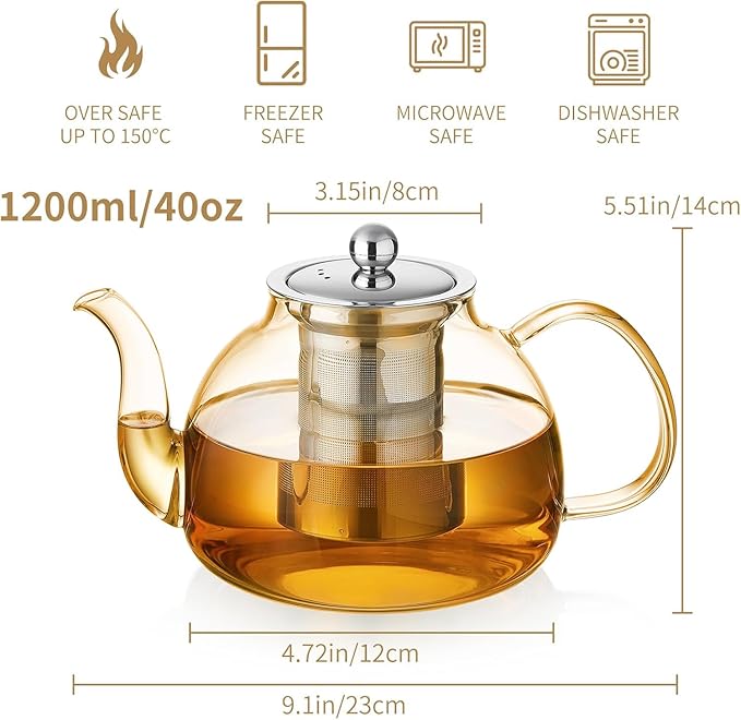 40OZ (1200ML) Glass Teapot with Infuser Stovetop Safe, Clear Glass Tea Pot Kettle, Borosilicate Tea Pot with Infusers Filter for Loose Tea, Tea Kettle Dishwasher Safe (Champagne) - Bloomnest