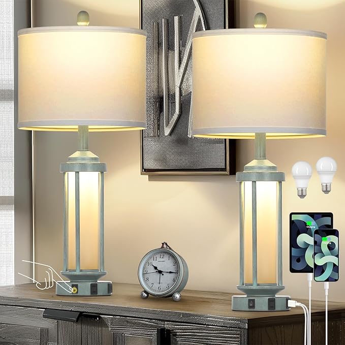 Farmhouse Table Lamps for Living Room, 27" Vintage Rustic Beside Lamp Set of 2 with USB A+C Charging Ports & AC Outlet, Retro Nightstand Lamp with Fabric Shade for Bedroom Entryway(4 Bulbs Included) - Bloomnest
