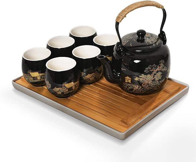 Japanese Tea Set for Adults - Elegant Golden Countryside Theme with Teapot, 6 Cups & Tea Tray, Stainless Steel Infuser - Traditional Asian Gift for Women Men, Housewarming, Wedding - Bloomnest