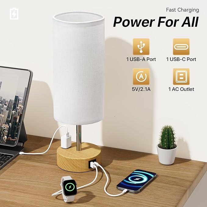 KPQ Small Bedside Lamp Touch Control Table Lamp with USB A+C Charging Ports & AC Outlet 3-Way Dimmable Nightstand Lamp with Linen Fabric Shade for Bedroom Living Room - Bloomnest