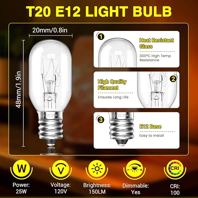 E12 T20 Salt Lamp Bulbs 25W 120V Original Salt Lamp E12 Base Replacement Himalayan Salt Lamps,Salt Lamps Baskets,Plug-in Wax Warmers,Night Lights (Pack of 2) - Bloomnest