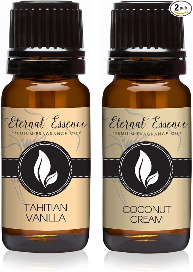 Eternal Essence Oils 2 Pack 10ml Premium Fragrance Oil - Coconut Cream and Tahitian Vanilla Scents - for Candle, Soap Making, Aromatherapy, Diffusers, Home Care, & Humidifiers EternalEssenceOils