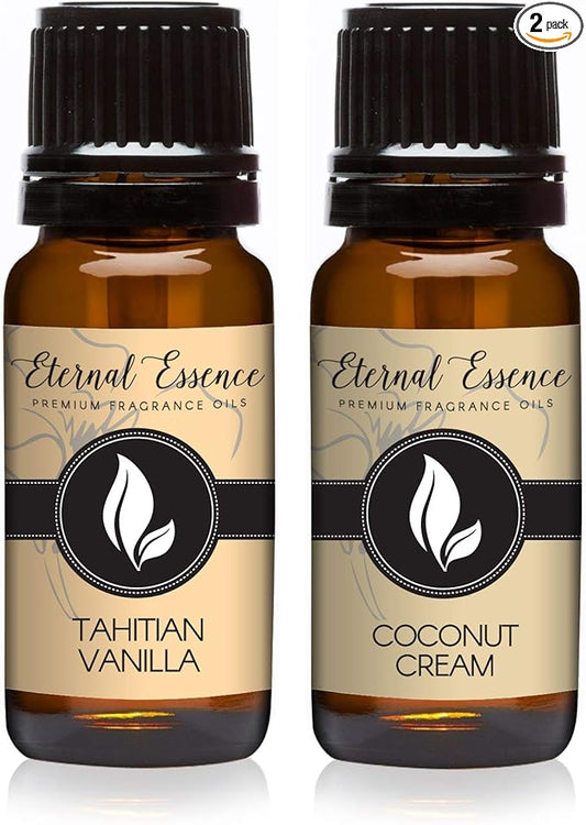 Eternal Essence Oils 2 Pack 10ml Premium Fragrance Oil - Coconut Cream and Tahitian Vanilla Scents - for Candle, Soap Making, Aromatherapy, Diffusers, Home Care, & Humidifiers EternalEssenceOils