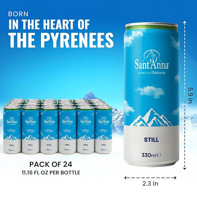 Sant'Anna Still Mineral Water, 11.16 Fl Oz (24-Pack) | Pure French Pyrenees Mountain-Fresh Drinking Water | Natural Functional Drink | Sodium-Free Mineral in Cans - Bloomnest