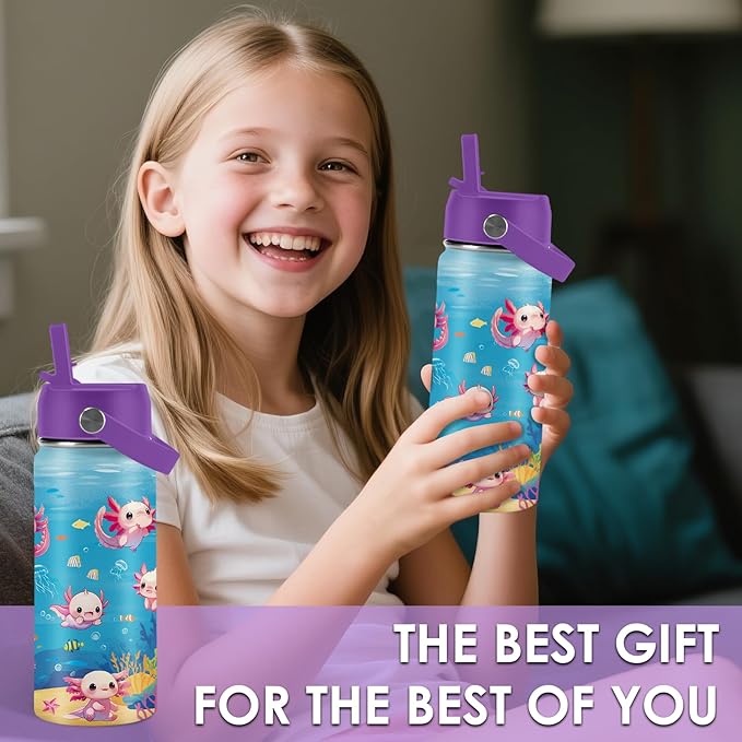 Axolotl Gifts for Girls 16 oz Kids Water Bottle with Straw Lid, Stainless Steel Insulated Tumbler, Leak Proof, BPA-Free,Adorable Ocean Animal Mug Cup for Sports,Travel Children Birthday Gifts (1pc) - Bloomnest