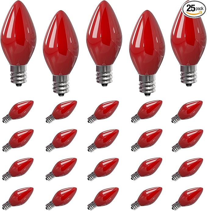 SUNSGNE 25 Pack C7 LED Red Replacement Christmas Light Bulbs, 0.6W LED Night Light Bulbs for Christmas Indoor Outdoor Patio String Lights, C7/E12 Candelabra Base - Bloomnest