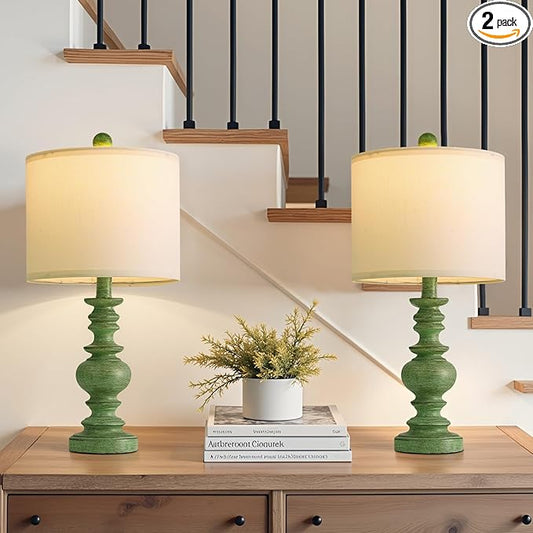 BOBOMOMO 20" Sage Green Table Lamps Set of 2 – Farmhouse Resin Bedside Lamps with Linen Shades, Handcrafted Traditional Rustic Lamp for Bedroom, Living Room, or Corner – Ideal for Small Spaces - Bloomnest
