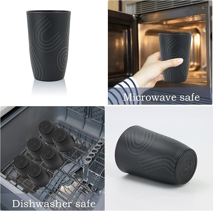 Wrova Wheat Straw Cups 16oz set of 8 with Etched Pattern - Alternative Plastic Cups Dishwasher Safe - Plastic Drinking Cups Unbreakable for Kids - Black to Grey - Bloomnest