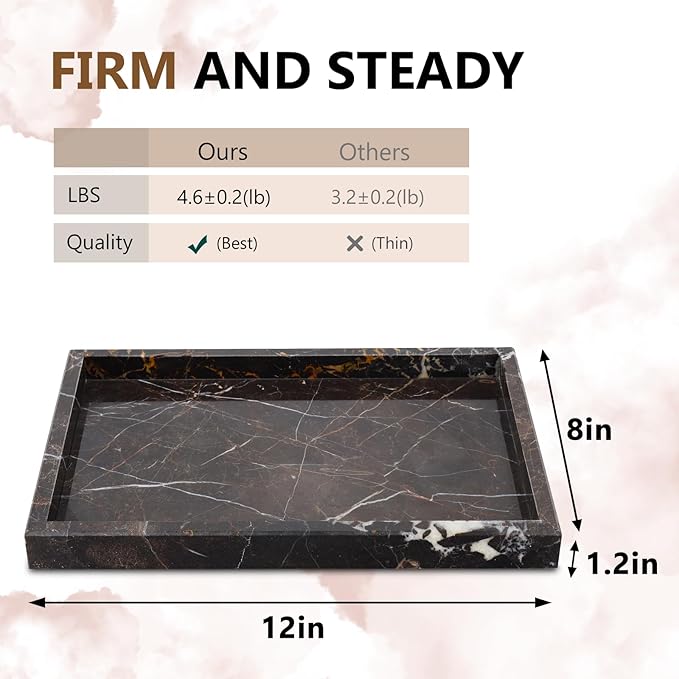 Real Natural Marble Tray for Bathroom, Vanity, Kitchen and Desktop, Rectangle Genuine Marble Stone Tray for Jewelry, Cosmetics, Candles, Lotion, Perfume and Home Decor Brown