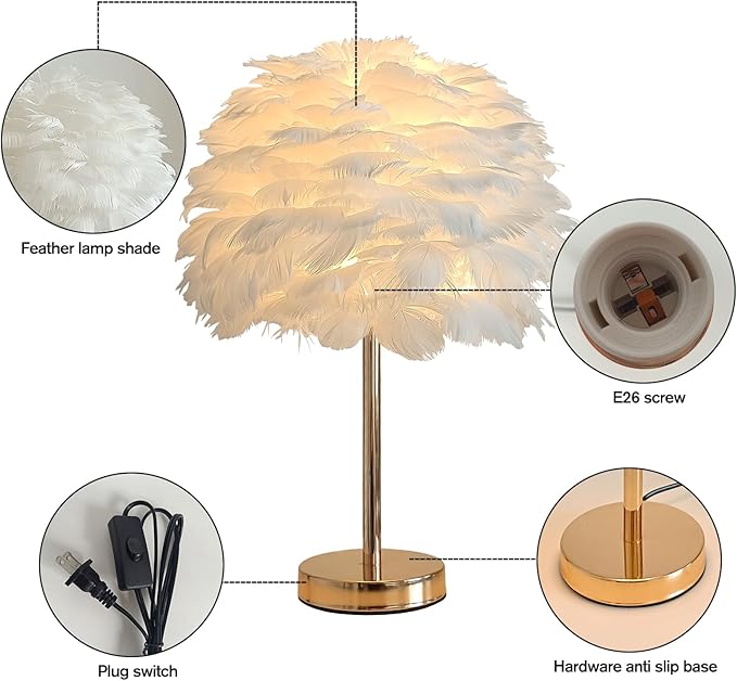 ZYLEIESENBAO Chic White Feather Lamp Creative Feather Bedside Lamp Cute Furry Nightstand Light Gold Stand Fluffy Table Lamp Atmosphere for Girl Bedroom Living Room Entry Hotel Wedding Gift - Bloomnest