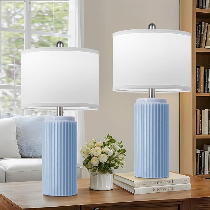 23.5’’ Sky Blue Farmhouse Table Lamps for Living Room Set of 2, Modern Elegant Ceramic Bedside Nightstand Lamps with White Linen Shade for Bedroom, Coastal Lamps Set for Study Home Office - Bloomnest