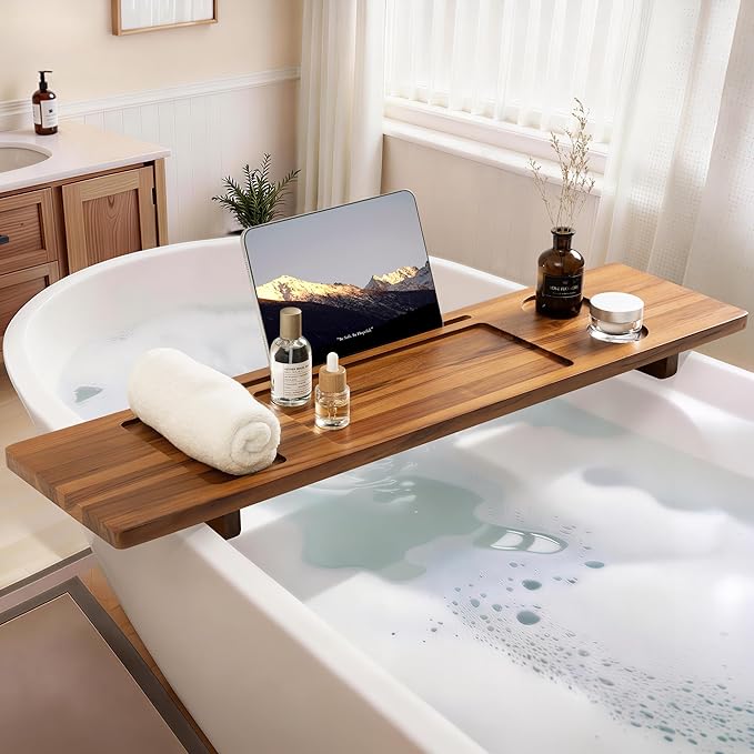 Teak Bathtub Tray - Wood Bath Caddy Tray 35" for Large Tubs - Adjustable Bathtub Table Trays - Luxury Shower Organizer for Home Spa Relaxation and Reading - Light Walnut Color - Bloomnest