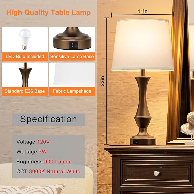 Seealle Upgraded Touch Lamps for Night Stands Set of 2 - Bedside Lamps with USB C+A, 3 Way Dimmable for Bedroom Living Room End Tables Office (White&Brown) - Bloomnest