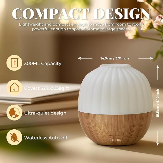 SALKING Essential Oil Diffuser, 300ml Aromatherapy Diffuser for Essential Oils, Ultrasonic Diffuser with Adjustable Mist Mode Timers, Cool Mist Humidifier with 8 Color Lights, for Office Home - Bloomnest