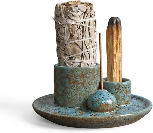 Palo Santo Sticks Holder, Multi-Purpose Handmade Ceramic Incense Burner for Palo Santo Incense Sticks, Sage Holder for Burning, Ash Catcher Tray for Meditation Yoga Room-Light Blue ToolSentryX