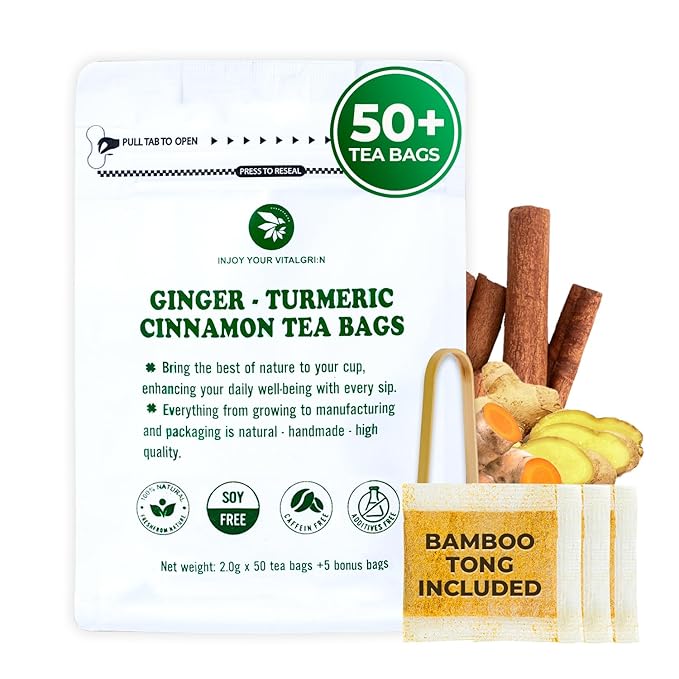 Ginger Cinnamon Turmeric Tea Bags with Bamboo Tong - 55 Count (+5 Count), 5.47 oz, Re-Steep Corn Based Tea Bags, No Sugar Added, Natural Herbal Tea for Body Warm, Relax, Refreshing - Bloomnest
