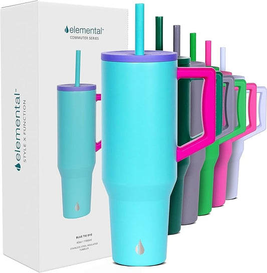 Elemental 40 oz Tumbler with Handle and Straw - Spill Proof Insulated Stainless Steel Commuter for Hot and Cold Beverages - Travel Coffee Mug with 2 Straws & Spill Proof Lid - 40oz - Blue Tie Dye - Bloomnest