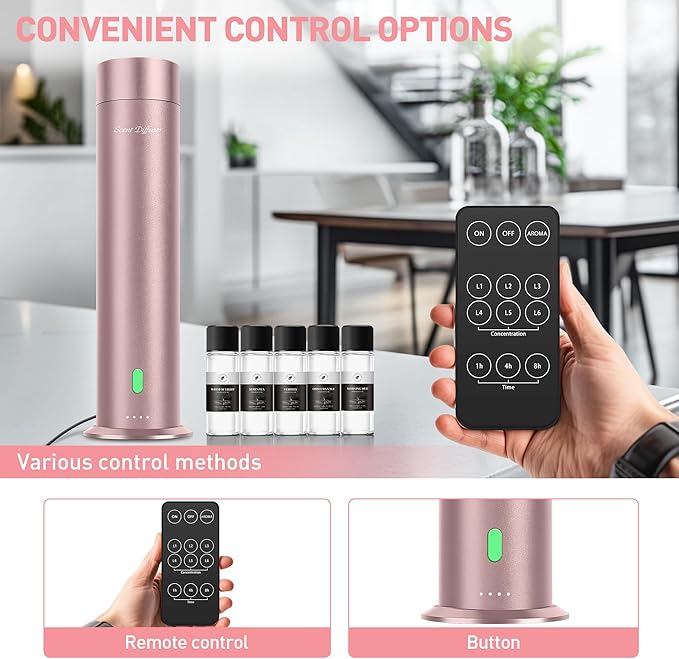 Waterless Scent Diffuser Starter Kit - 1000 Sq Ft Coverage, Hotel Scent Diffuser, Essential Oil Diffuser Large Room, Included 5 Scent Oils, Remote Control, Rosepink - Bloomnest