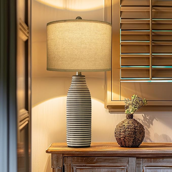 PORTRES 25" Ceramic Table Lamps Set of 2 Beside Lamps for Living Room Modern Bedroom Lamps for Night Stands with Rotary Switch Black and White Stripes - Bloomnest
