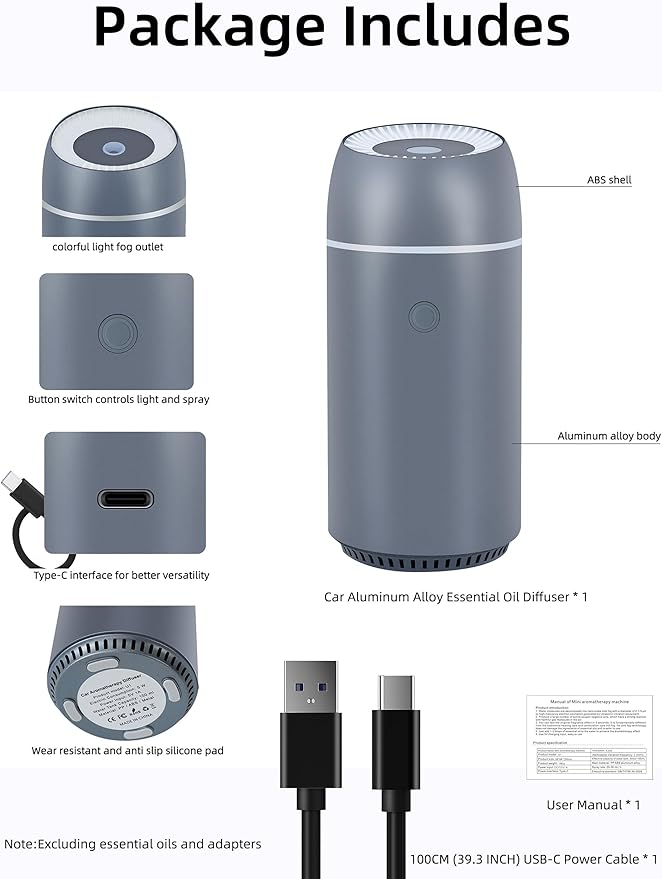 Portable Mini Ultrasonic Essential Oil Diffuser - 100ml USB Aromatherapy Humidifier with 7-Color LED Lights, Upgraded Aluminum Alloy Shell for Home, Office, Bedroom, Car & Small Spaces (Grey) - Bloomnest