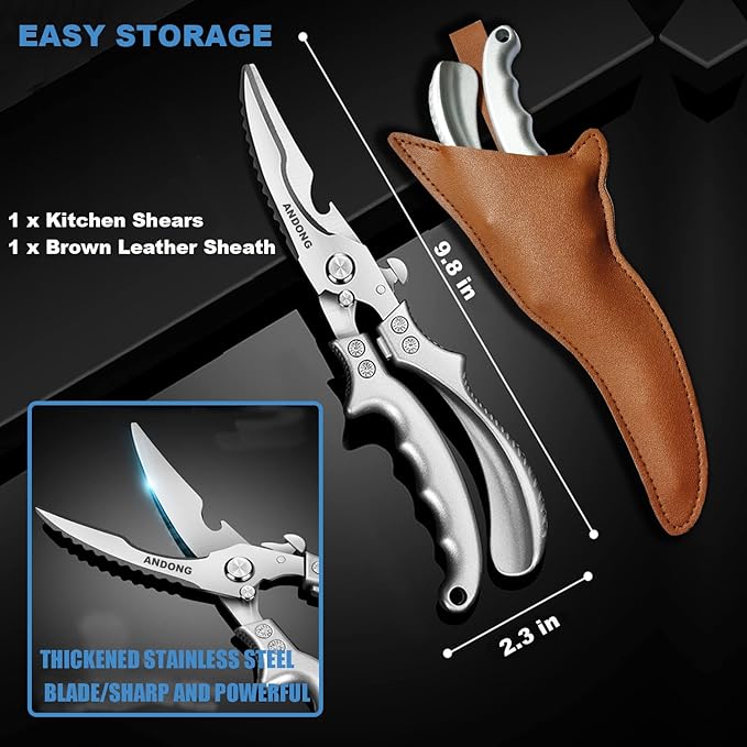 ANDONG Heavy Duty Professional Poultry Shears -Stainless Steel Kitchen & Meat Scissors with Leather Sheath, Dishwasher Safe Spring Loaded Utility Shears for Cooking, Butchering, Cutting - Bloomnest