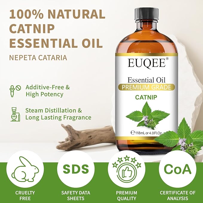 EUQEE 118ML Catnip Essential Oil, Pure & Fresh Herbal Aroma Catnip Essential Oil with Glass Dropper Great for Air Refresher, Massage, Diffuser, DIY Soap, Candle Making, Aromatherapy, Sleep EUQEE