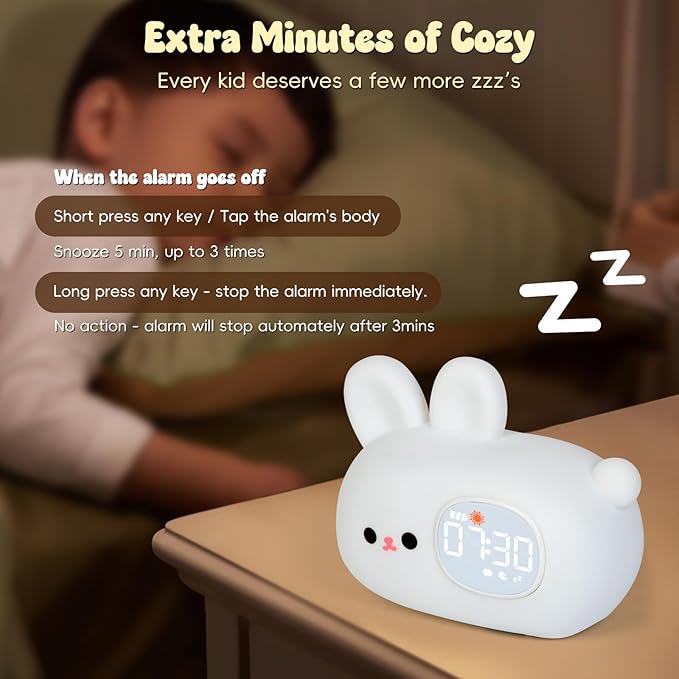 Bunny Alarm Clock with Night Light for Kids with Sleep Training and Sound Machine, Rechargeable Silicone Lamp OK to Wake Clock，Cute Animal Tabletop Lamp, Perfect Sleep Companion for Boys Girls - Bloomnest