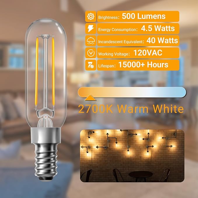 dalattin T6 LED Light Bulbs, 40W Equivalent Dimmable 2700K Soft Warm White Small Lightbulbs, Efficient 4.5W T25 Decorative Bulbs, E12 Base, 120V, for Chandelier Ceiling Fan Wall Sconce, 500lm, 12 Pack - Bloomnest