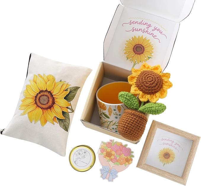 Birthday gifts for women, sunflower gift baskets, care package,sending you sunshine gift box for women with coffee mug and sunflower crochet, unique sunshine themed gift box. - Bloomnest
